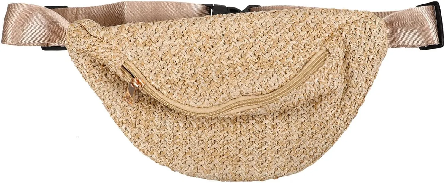 Women Straw Waist Bag Imitation Woven Crossbody Chest Pouch Handmade Boho Travel Beach Bag
