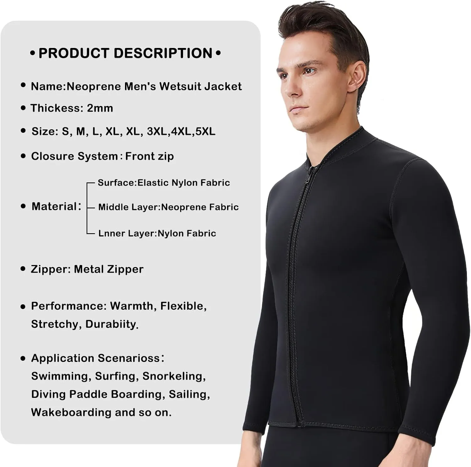 Women Wetsuit Top Swim Jacket Mens Youth Wet Suit Shirt 2mm Neoprene Thermal Swimsuit Front Zip Long Sleeve Cold Water Keep Warm Snorkeling Diving Surfing