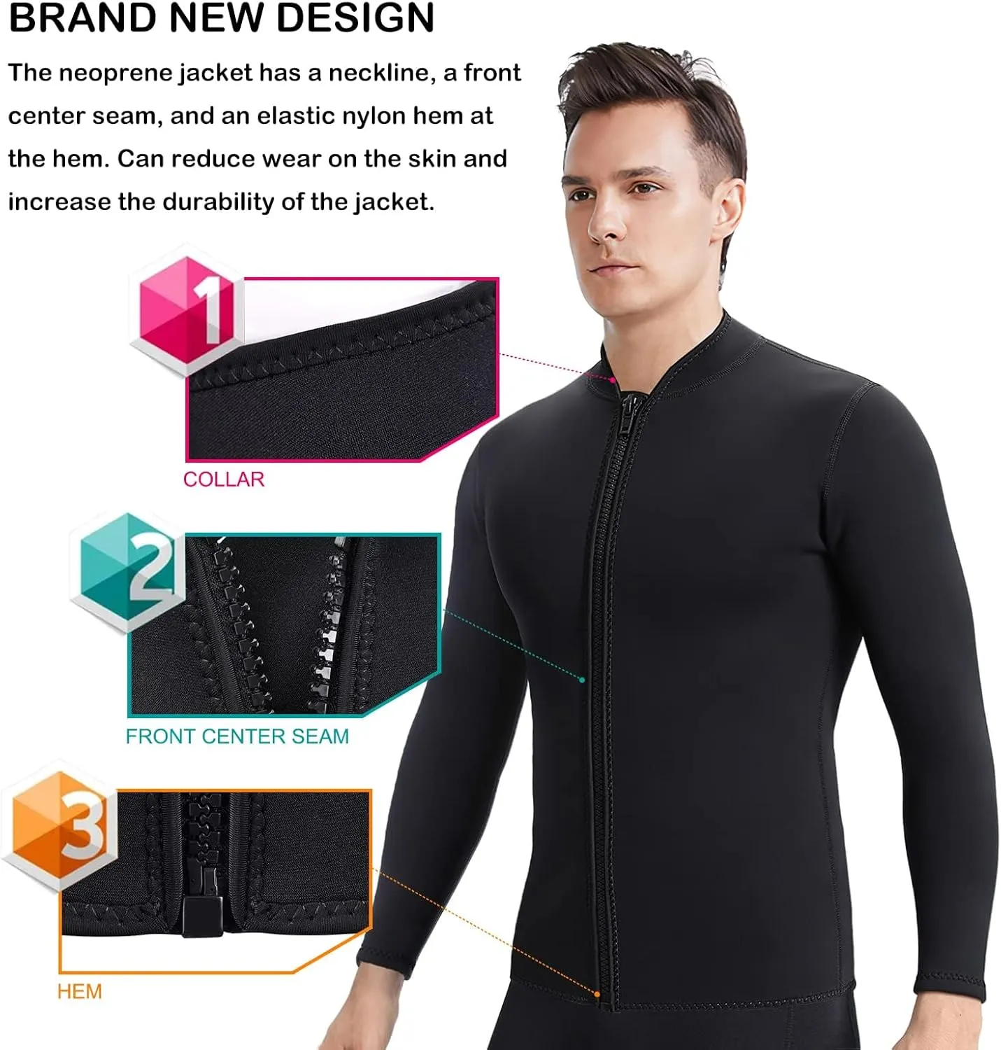 Women Wetsuit Top Swim Jacket Mens Youth Wet Suit Shirt 2mm Neoprene Thermal Swimsuit Front Zip Long Sleeve Cold Water Keep Warm Snorkeling Diving Surfing
