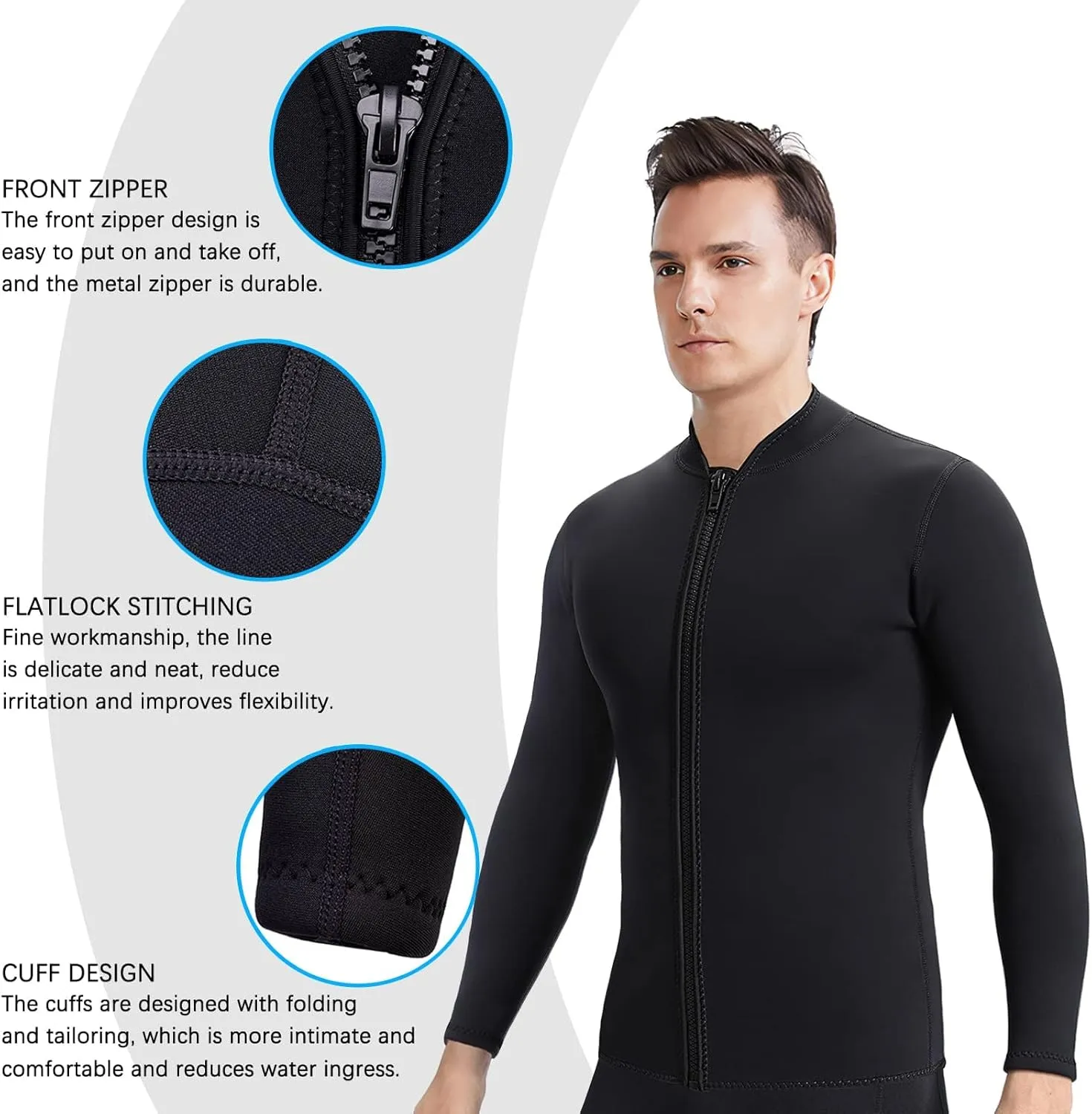 Women Wetsuit Top Swim Jacket Mens Youth Wet Suit Shirt 2mm Neoprene Thermal Swimsuit Front Zip Long Sleeve Cold Water Keep Warm Snorkeling Diving Surfing