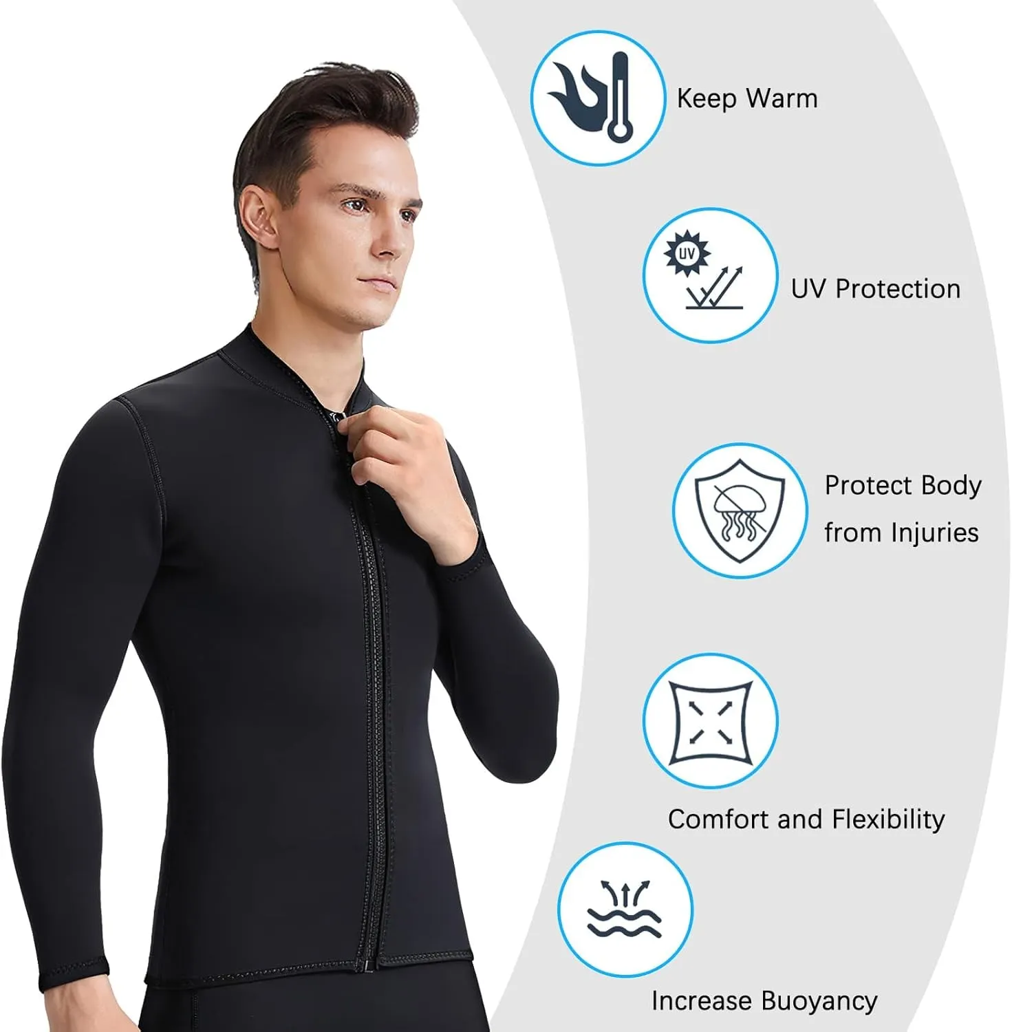 Women Wetsuit Top Swim Jacket Mens Youth Wet Suit Shirt 2mm Neoprene Thermal Swimsuit Front Zip Long Sleeve Cold Water Keep Warm Snorkeling Diving Surfing