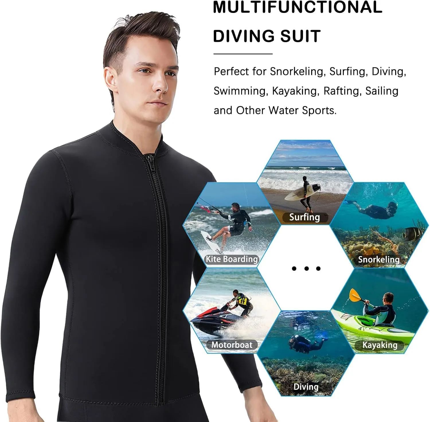 Women Wetsuit Top Swim Jacket Mens Youth Wet Suit Shirt 2mm Neoprene Thermal Swimsuit Front Zip Long Sleeve Cold Water Keep Warm Snorkeling Diving Surfing