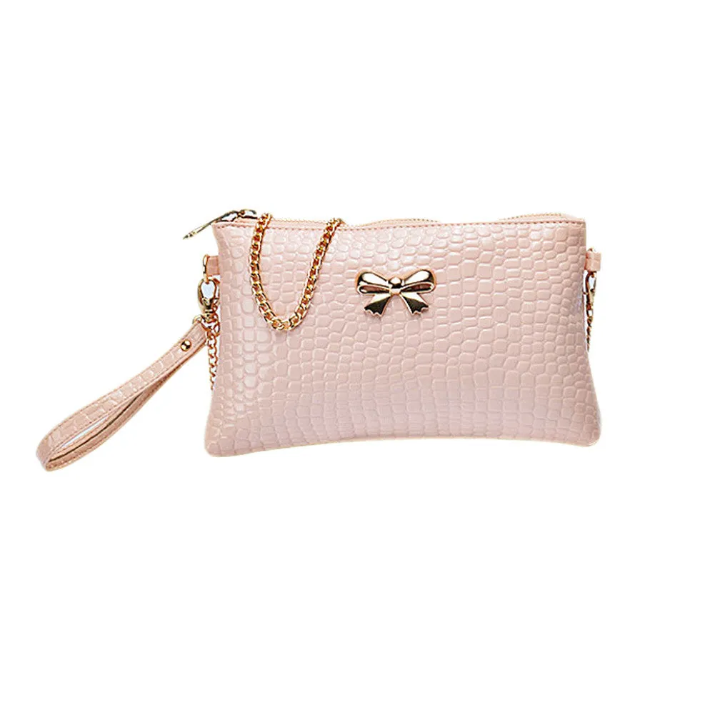 Women's Chain PU Small Shoulder Bag Crocodile Bow Decoration Clutch Pouch Bags HB88