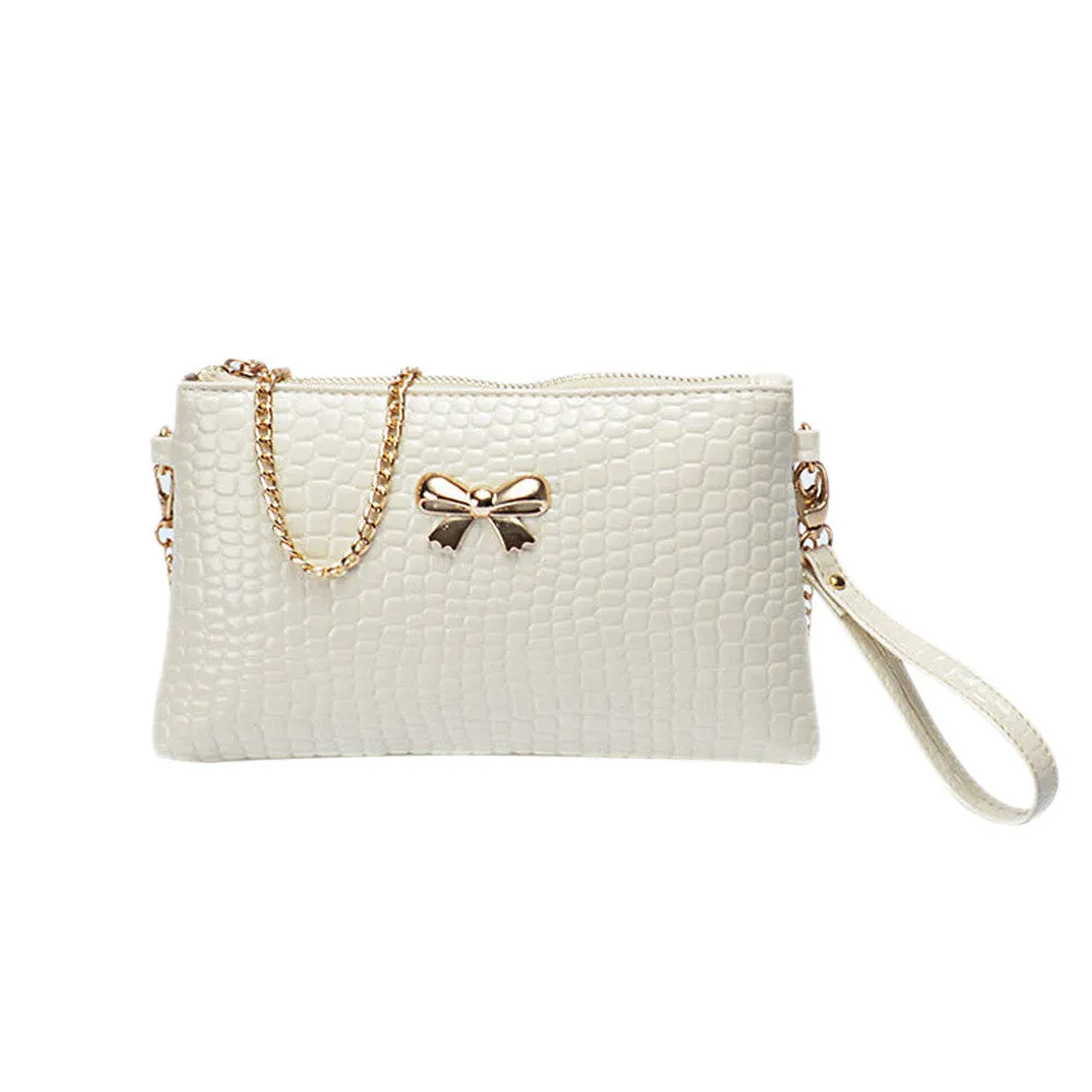 Women's Chain PU Small Shoulder Bag Crocodile Bow Decoration Clutch Pouch Bags HB88