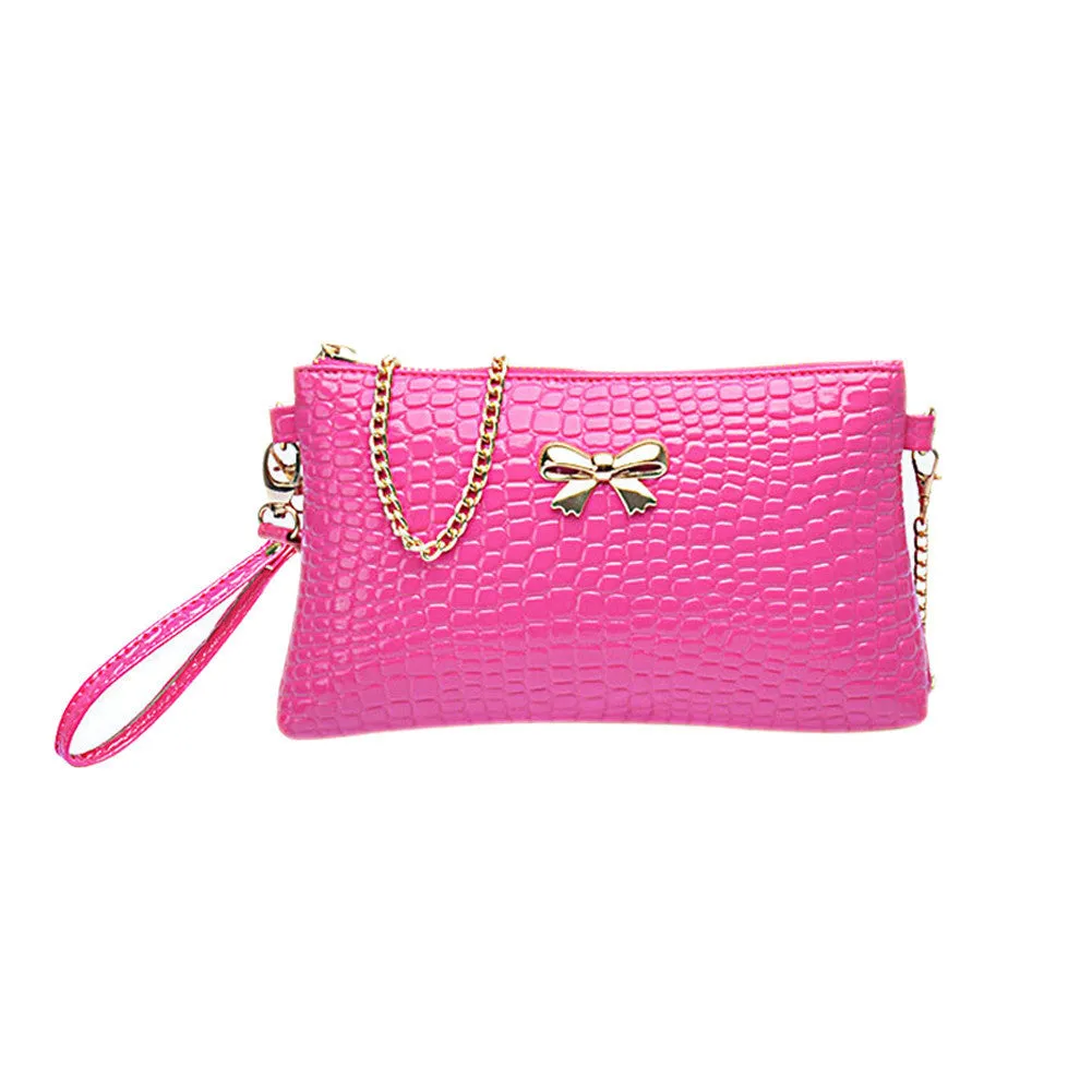 Women's Chain PU Small Shoulder Bag Crocodile Bow Decoration Clutch Pouch Bags HB88