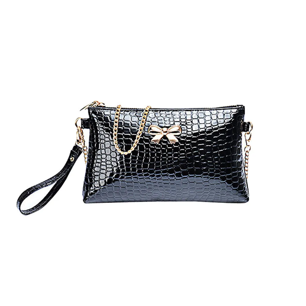 Women's Chain PU Small Shoulder Bag Crocodile Bow Decoration Clutch Pouch Bags HB88