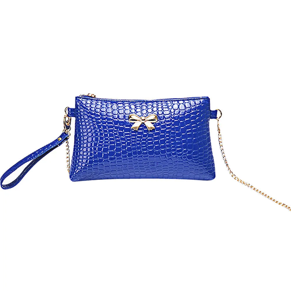 Women's Chain PU Small Shoulder Bag Crocodile Bow Decoration Clutch Pouch Bags HB88