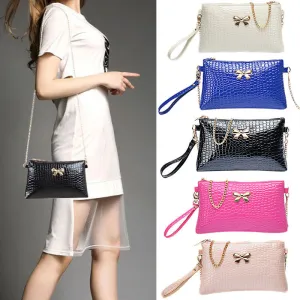 Women's Chain PU Small Shoulder Bag Crocodile Bow Decoration Clutch Pouch Bags HB88