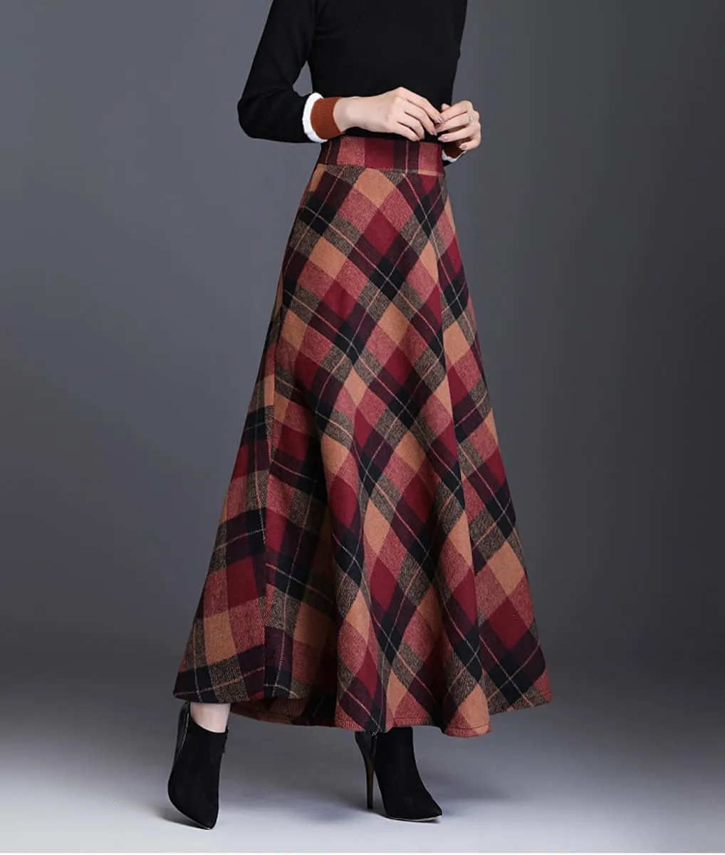 Women's Vintage High Elastic Waist A-Line Long Maxi Wool Tartan Skirts