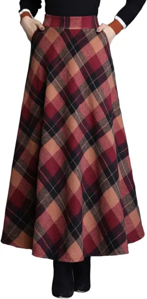 Women's Vintage High Elastic Waist A-Line Long Maxi Wool Tartan Skirts