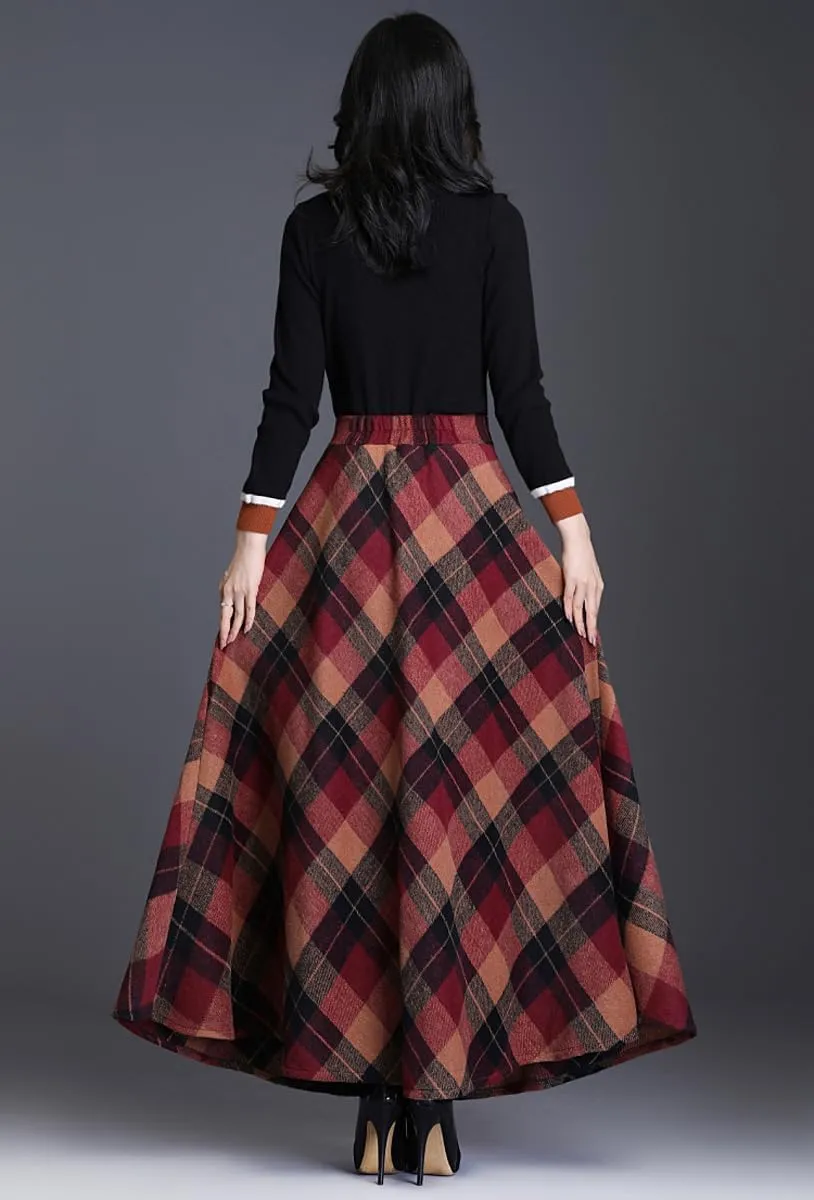 Women's Vintage High Elastic Waist A-Line Long Maxi Wool Tartan Skirts