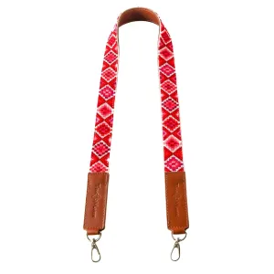 Woven Bag Strap - Poppy with Tan Leather, Purse Strap Replacement Crossbody, Handbag Wide Shoulder Strap, Handmade Embroidered Crossbody Strap, Camera Strap, Luggage Strap