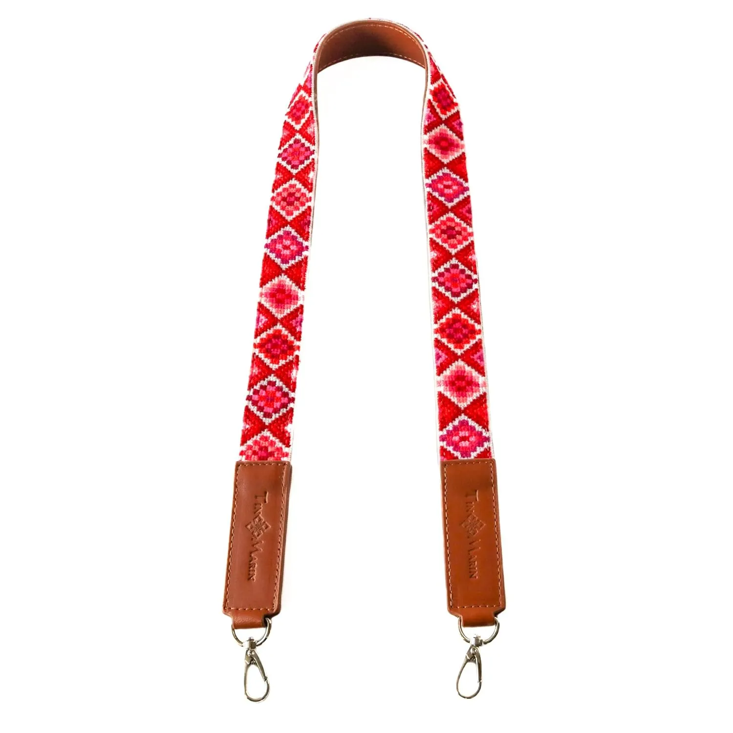 Woven Bag Strap - Poppy with Tan Leather, Purse Strap Replacement Crossbody, Handbag Wide Shoulder Strap, Handmade Embroidered Crossbody Strap, Camera Strap, Luggage Strap