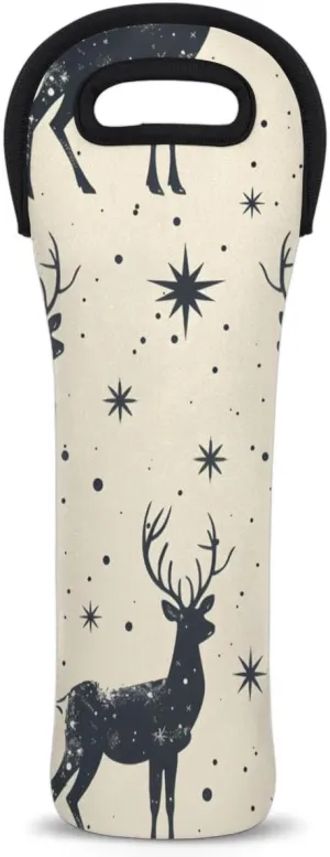 Xmas Reindeer Modern Theme Wine Gift Tote Bag Neoprene Single Bottle Holder 750ml Wine Carrier Bags for Travel Wedding Festival Favors 5.1 X 15.6 In