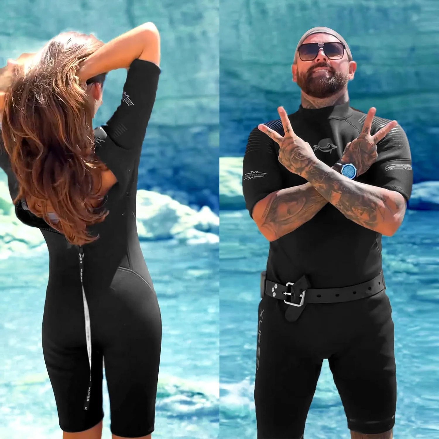 XUKER Mens Shorty Wetsuit Women, 3mm Back Zip Diving Suit Neoprene Short Sleeve Thermal Wet Suit for Diving Snorkeling Surfing Swimming