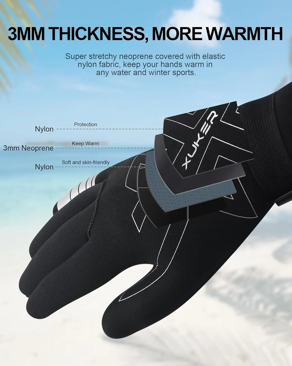XUKER Neoprene Gloves Women Men, 3mm Wetsuit Dive Gloves Keep Warm for Diving Scuba Kayaking Snorkeling Swimming Water Sports