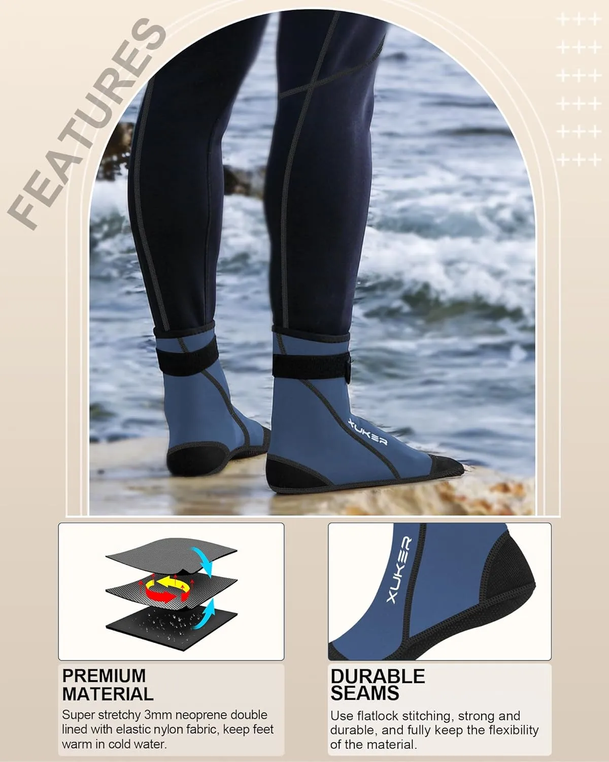 XUKER Neoprene Water Socks 3mm, Sand Proof Beach Volleyball Socks Diving Socks for Outdoor Water Sports