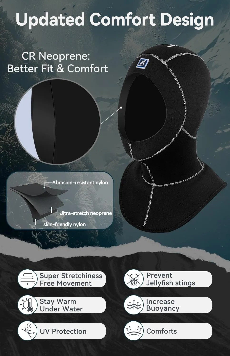 XUKER Neoprene Wetsuit Hood Scuba Diving Hood 5mm 3mm for Men Women, Diving Cap Surfing Thermal Hood for Kayaking Snorkeling Swimming Sailing Canoeing Water Sports