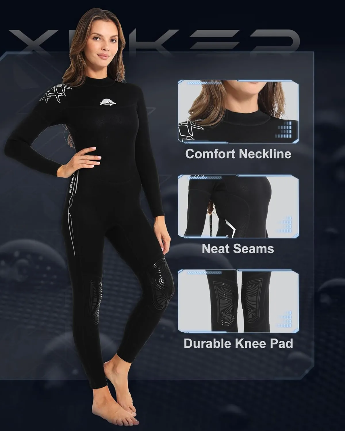 XUKER Women Men Wetsuit 2mm 3mm, Neoprene Wet Suits Front/Back Zip in Cold Water Full Body Dive Suit for Water Sports