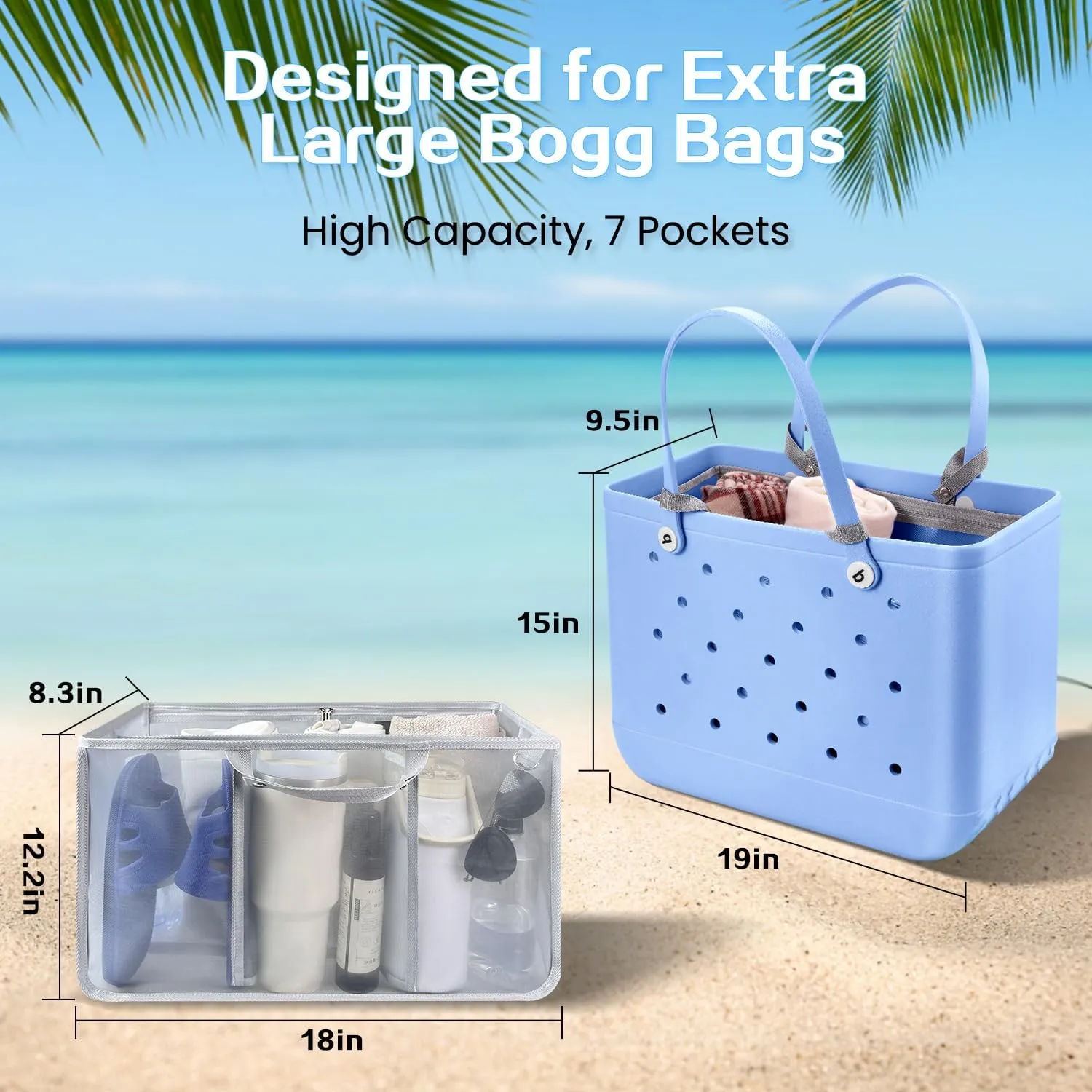 XYFuuee Beach Bag Organizer Inserts for X Large Bogg Bag Accessories, Original XL Lightweight Mesh Insert Divider Pouch, Organizing Rubber Tote Bags, Save Storage Space (Gray)