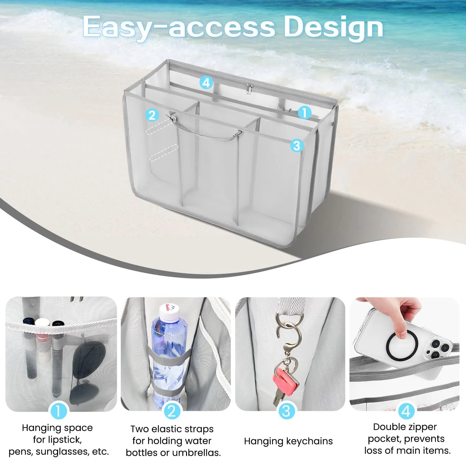 XYFuuee Beach Bag Organizer Inserts for X Large Bogg Bag Accessories, Original XL Lightweight Mesh Insert Divider Pouch, Organizing Rubber Tote Bags, Save Storage Space (Gray)