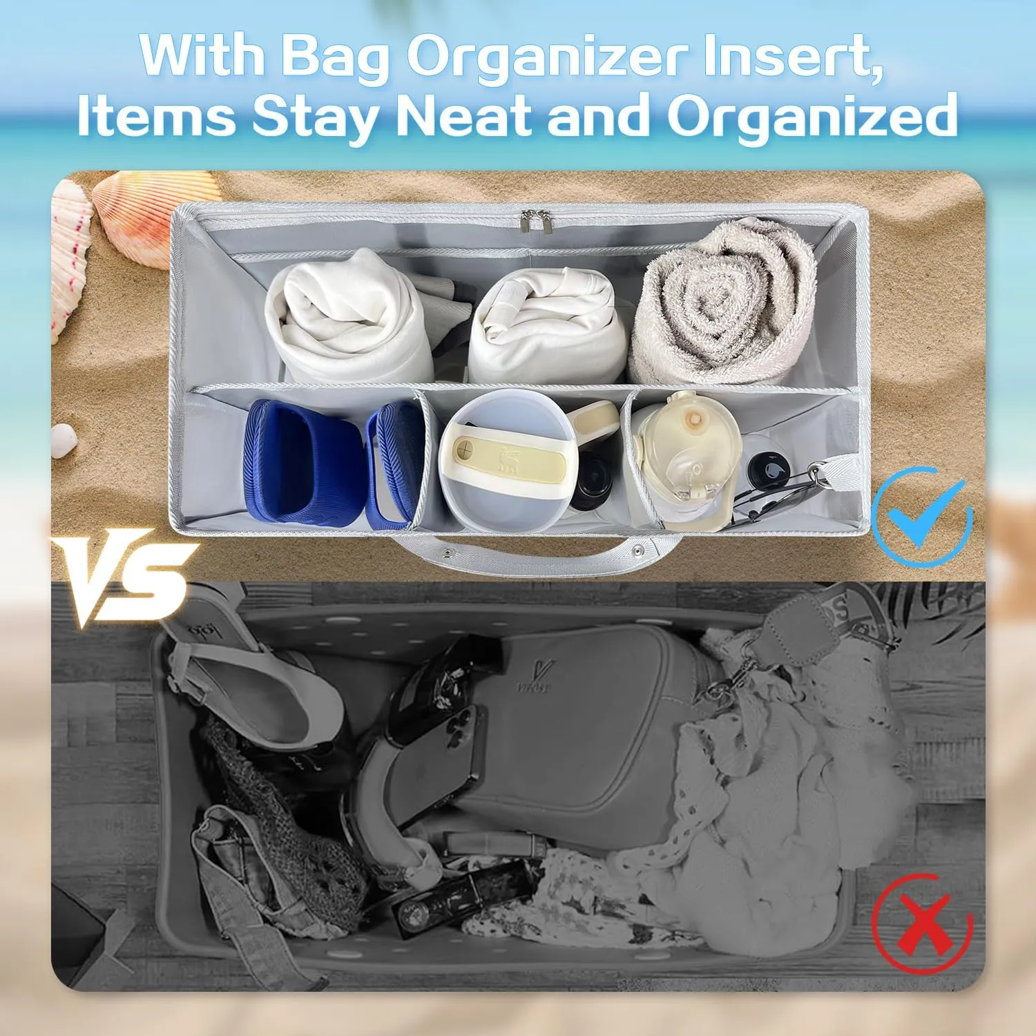 XYFuuee Beach Bag Organizer Inserts for X Large Bogg Bag Accessories, Original XL Lightweight Mesh Insert Divider Pouch, Organizing Rubber Tote Bags, Save Storage Space (Gray)
