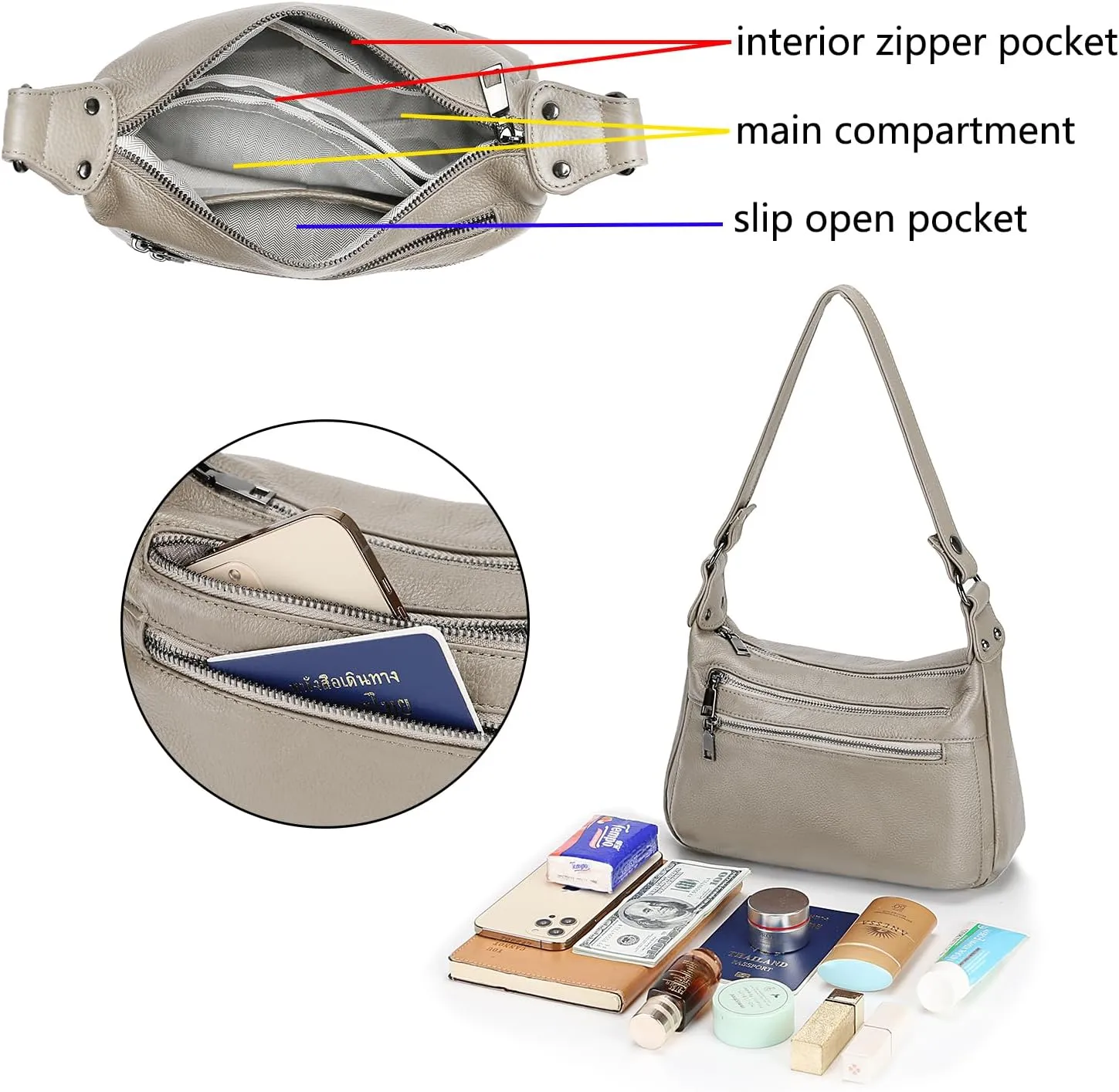 YALUXE Genuine Leather Shoulder Bag Medium Size Handbag Purse Multi Zip Pockets Crossbody Bags for Women