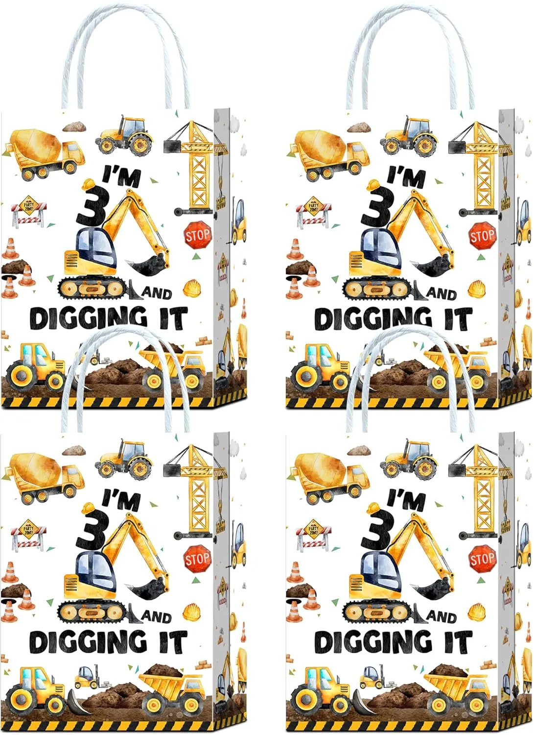 YanZonic 16Pcs I'm 3 and Digging It - Construction Gift Bags, Construction Theme Trunk or Treat 3rd Birthday Party Supplies - Dirty 3rd Birthday Boy Decorations, Construction Goody Bags
