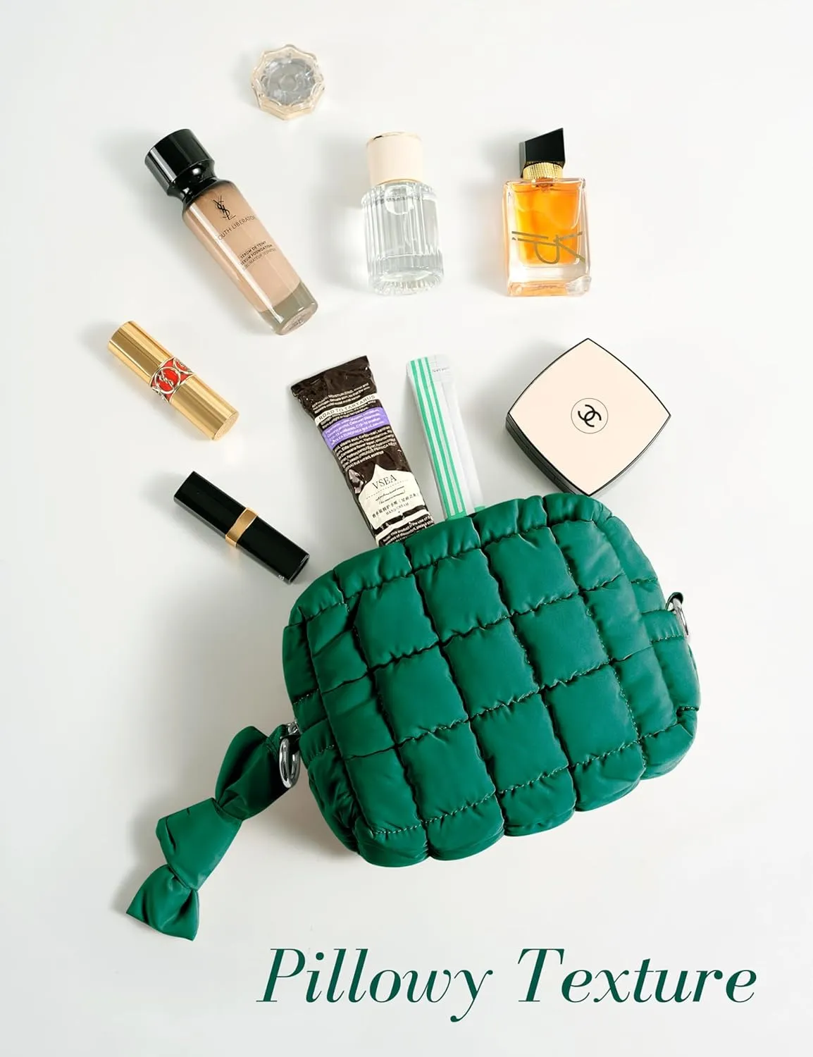 Yarnic Quilted Makeup Bag Cosmetic Bag, Travel Toiletry Bag for Women, Cute Makeup Bag Organizer Puffer Makeup Pouch (S, Deep Green)