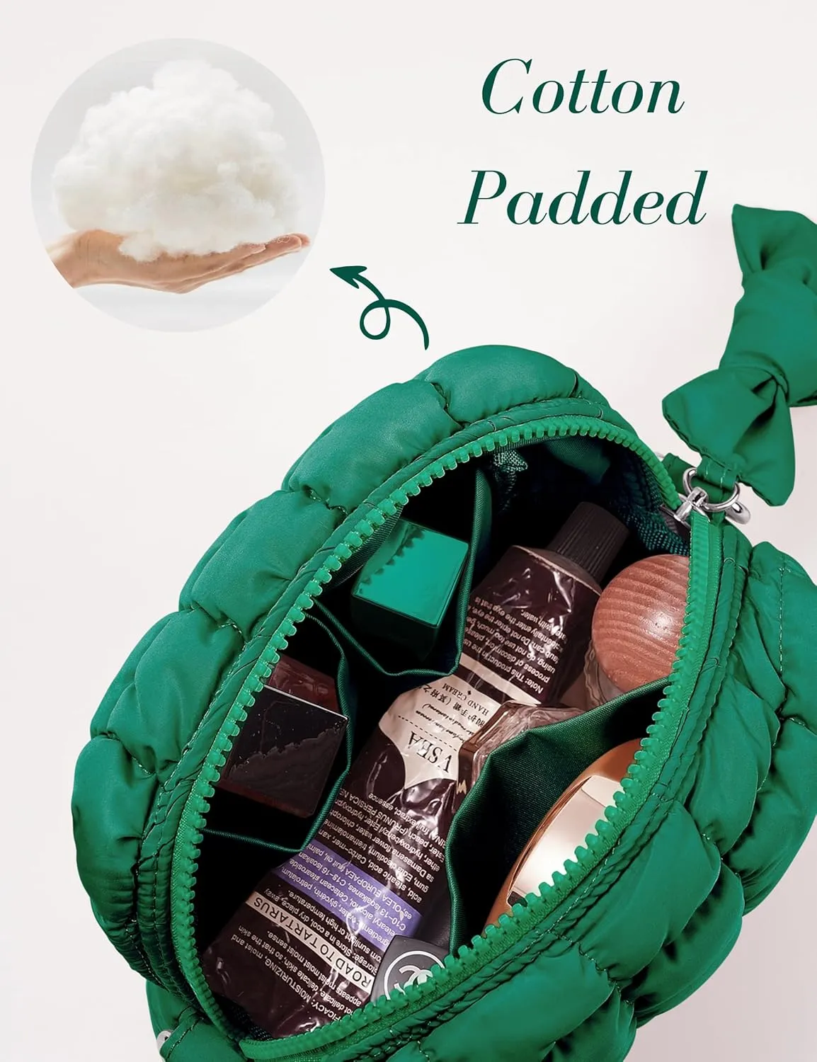 Yarnic Quilted Makeup Bag Cosmetic Bag, Travel Toiletry Bag for Women, Cute Makeup Bag Organizer Puffer Makeup Pouch (S, Deep Green)