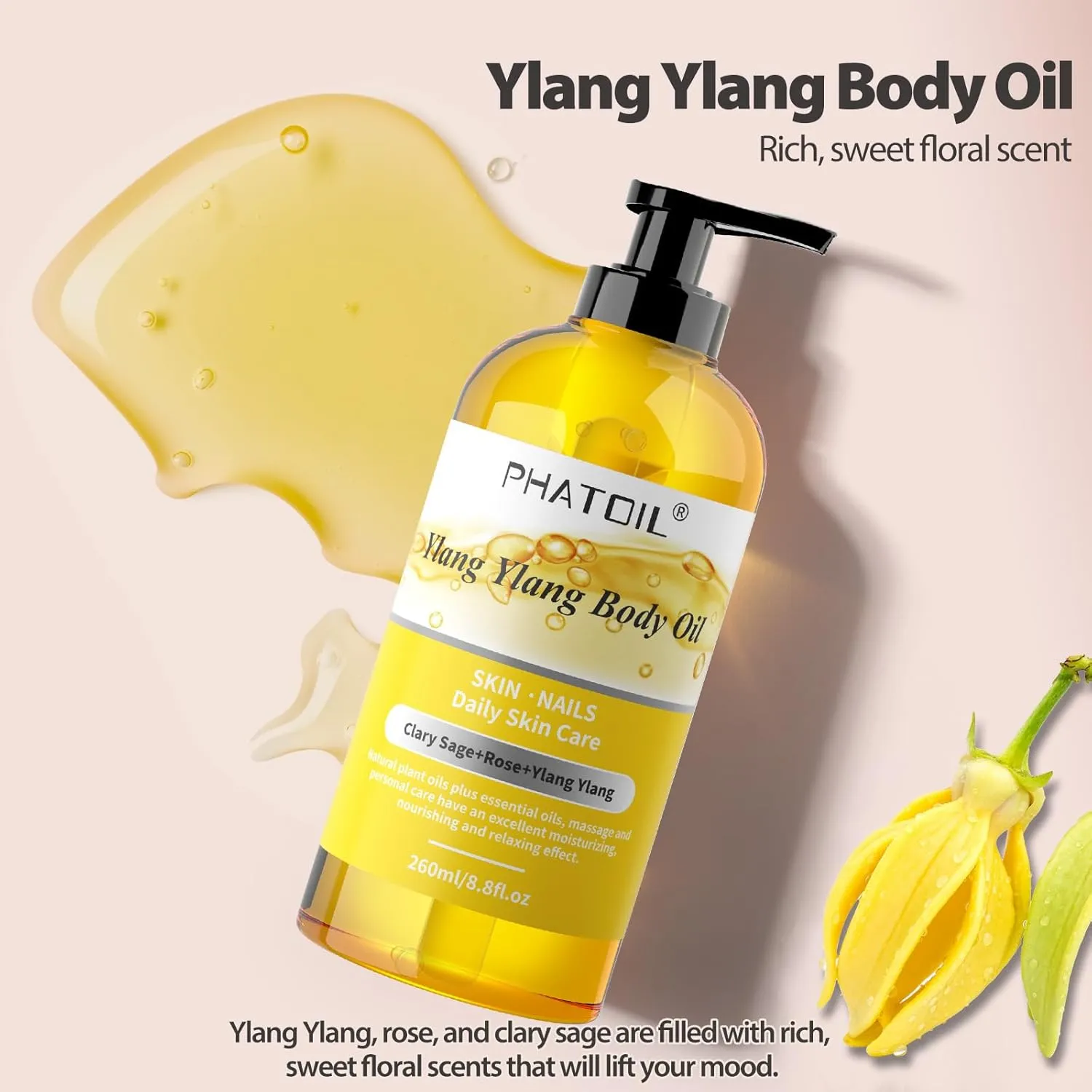 Ylang Ylang Body Oil, 260ML Large Bottle Body Oils for Nourishing Skin, Long-Lasting Sweet Fragrance Ylang Ylang Body Oil Massage Oil for Hair Care & Body Care - 8.8FL.OZ