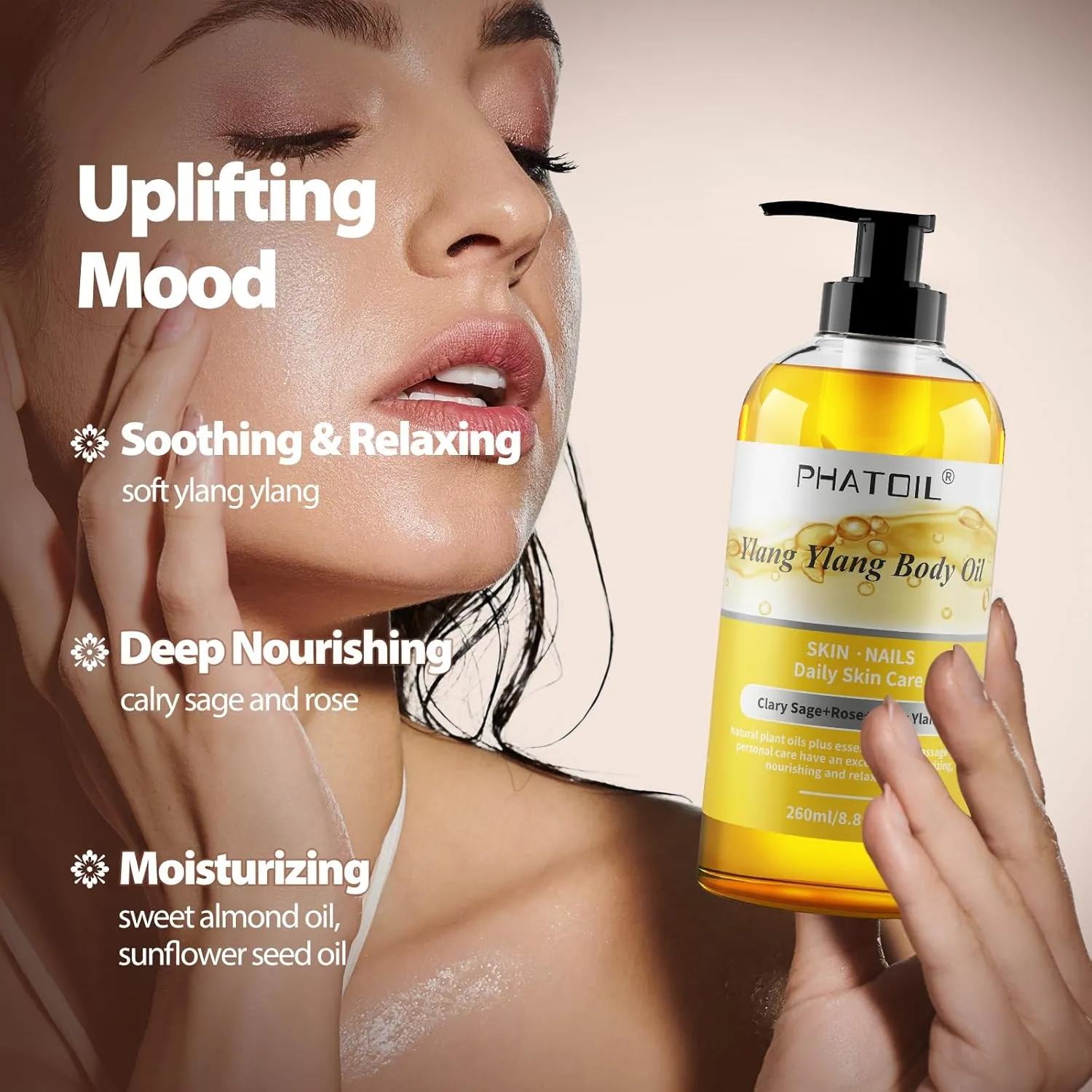 Ylang Ylang Body Oil, 260ML Large Bottle Body Oils for Nourishing Skin, Long-Lasting Sweet Fragrance Ylang Ylang Body Oil Massage Oil for Hair Care & Body Care - 8.8FL.OZ