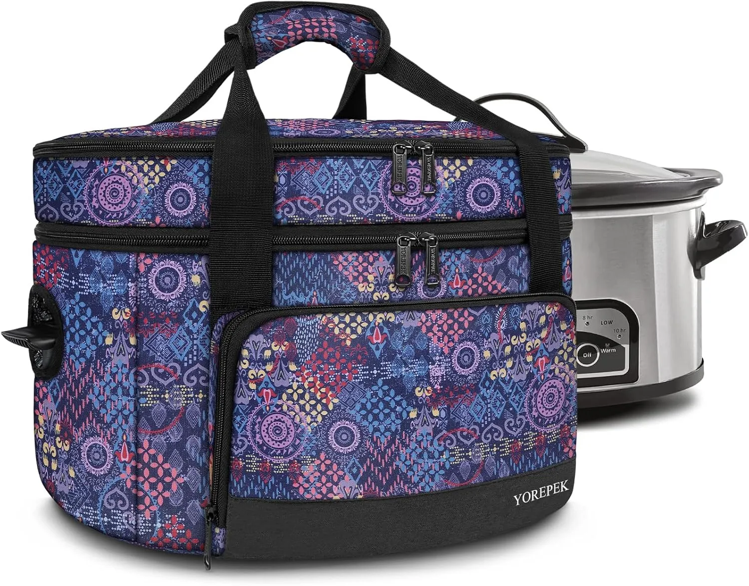 YOREPEK 2 Layer Slow Cooker Carrier, Compatible with 6, 7, 8 Quart Crock-Pot, Insulated Large Slow Cooker Travel Bag with Bottom Pad Lid Fasten Straps, for Family Gathering Potluck, Gift for Women