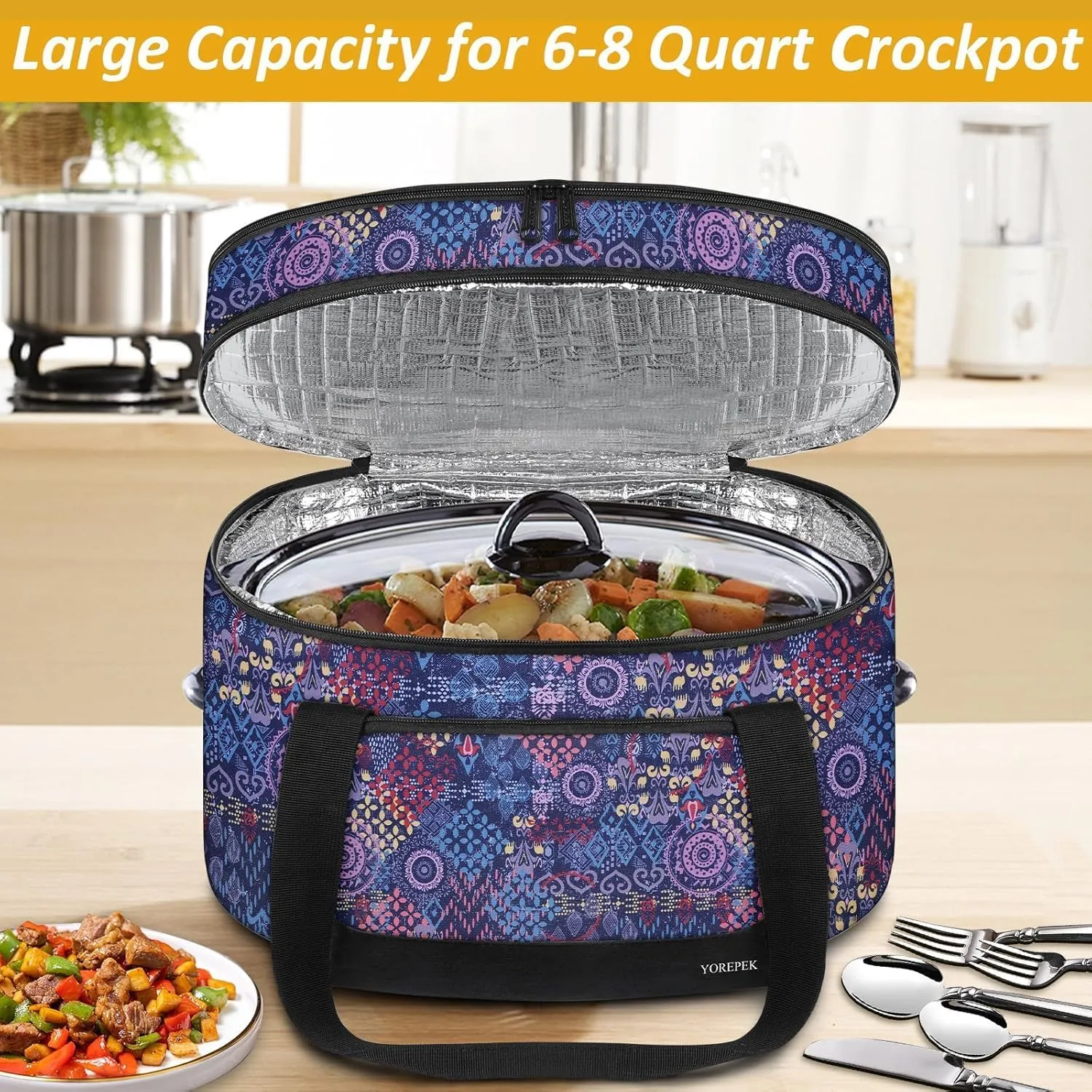 YOREPEK 2 Layer Slow Cooker Carrier, Compatible with 6, 7, 8 Quart Crock-Pot, Insulated Large Slow Cooker Travel Bag with Bottom Pad Lid Fasten Straps, for Family Gathering Potluck, Gift for Women