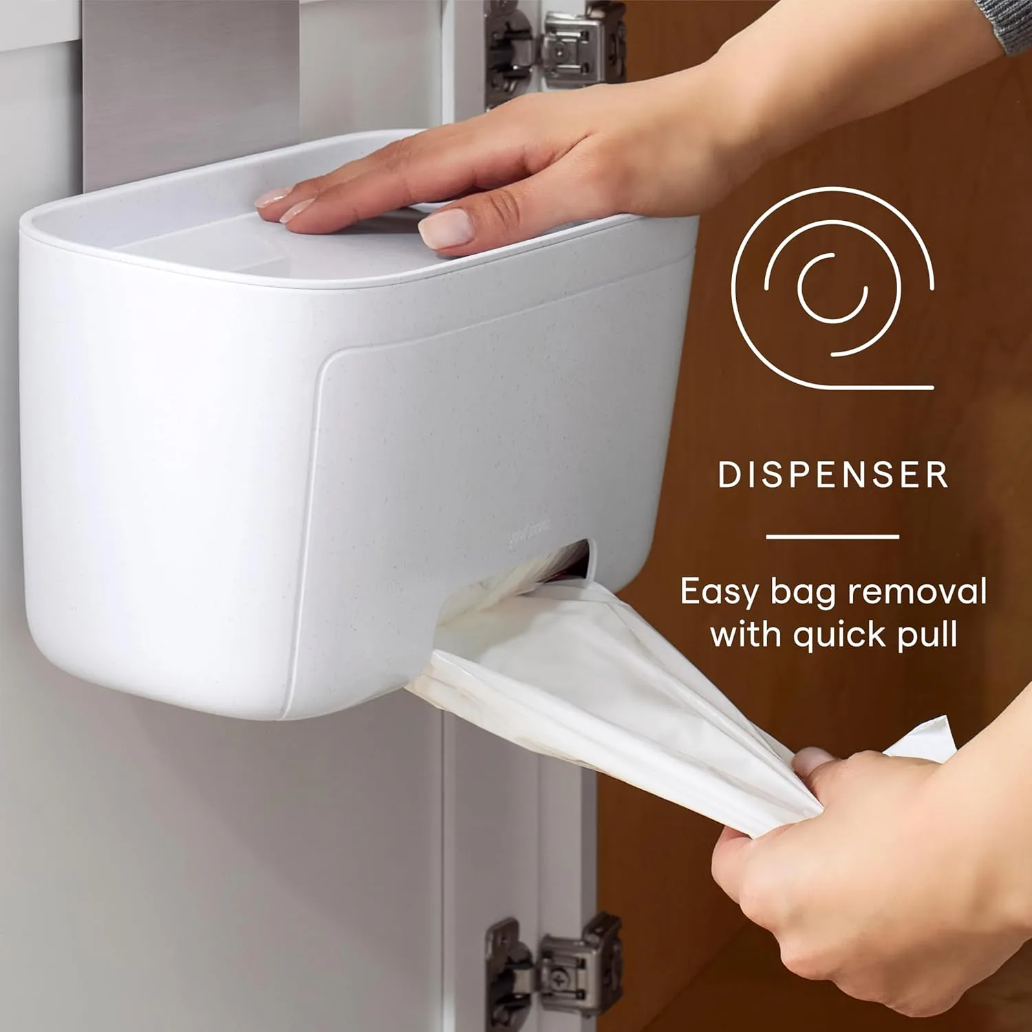 YouCopia DoorStash Garbage Bag Dispenser, Hanging Kitchen Cabinet Door Trash Bag Organizer with Removable Lid for Storage, Speckled White