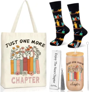 Yungyan Teacher Appreciation Gifts Book Lovers Gifts Set Include Canvas Tote Bag Glass Cup with Bamboo Lid and Straw Novelty Socks Bookmark Tassel for Teacher Graduation Librarian Author(Stylish)