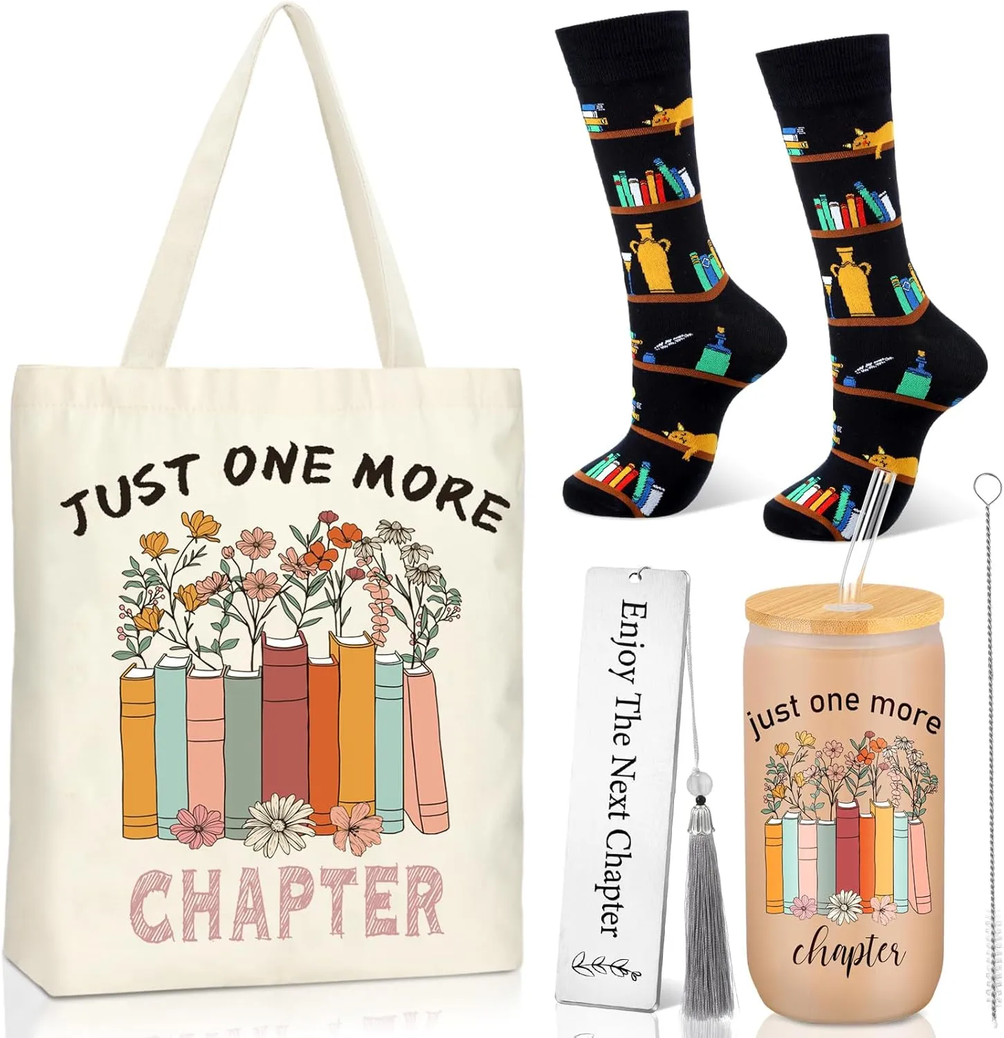 Yungyan Teacher Appreciation Gifts Book Lovers Gifts Set Include Canvas Tote Bag Glass Cup with Bamboo Lid and Straw Novelty Socks Bookmark Tassel for Teacher Graduation Librarian Author(Stylish)
