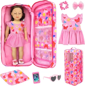 ZITA ELEMENT American 18 Inch Doll Butterfly Design Carrier Case Travel Bag, Crossbody Shoulder Bag Backpack with Accessories: Dress, Sunglasses, Hair Clip, Bracelet and Cushion