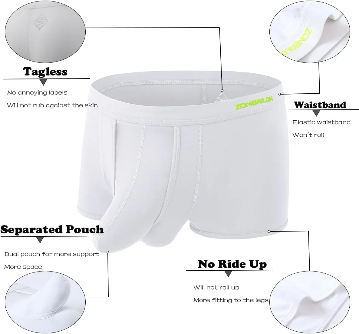 ZONBAILON Men's Dual Pouch Underwear Short Leg Bulge Boxer Briefs Separated Pouch Modal Trunks